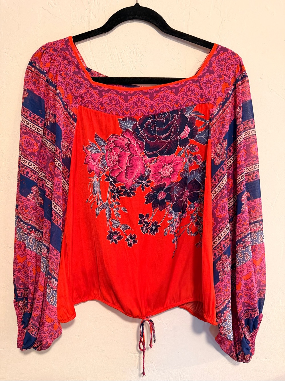 Free People Red Floral Long-Sleeve Drawstring Blouse
